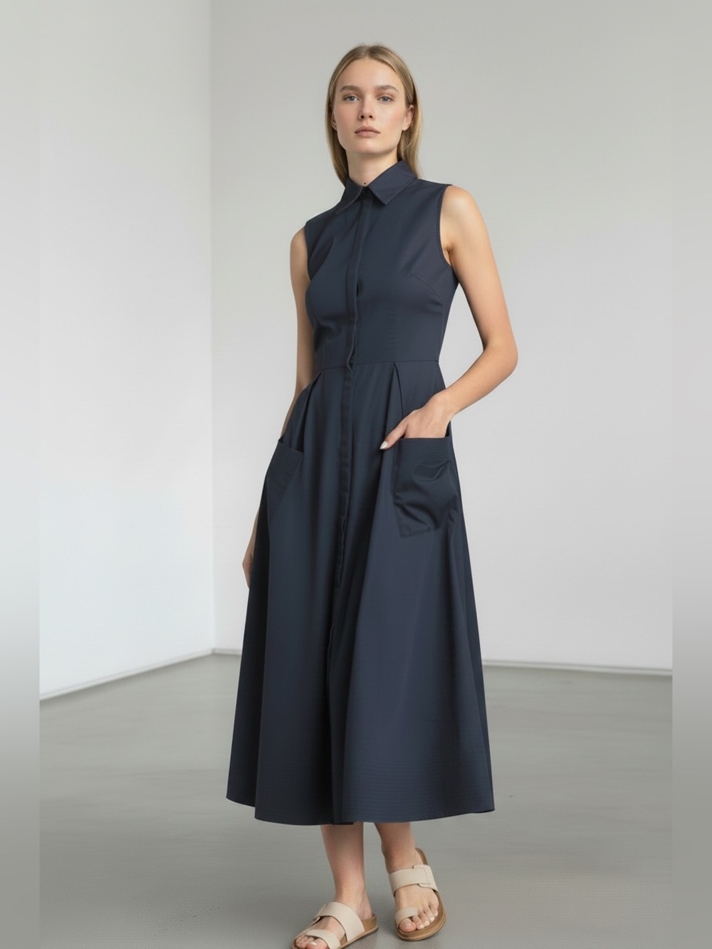 NEW CO Poplin Navy Blue Sleeveless Shirt Dress Size S
